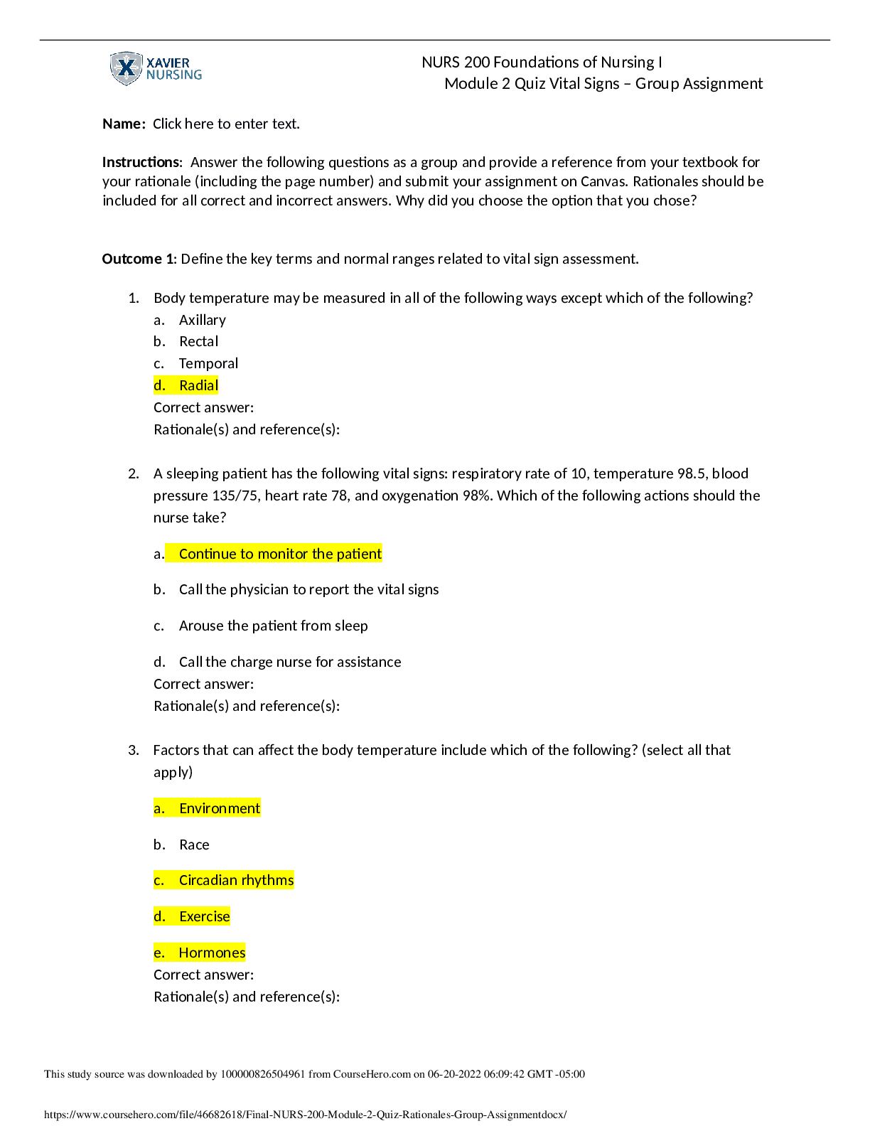 Preview image for NURS 200 Foundations of Nursing I Module 2 Quiz Vital Signs
